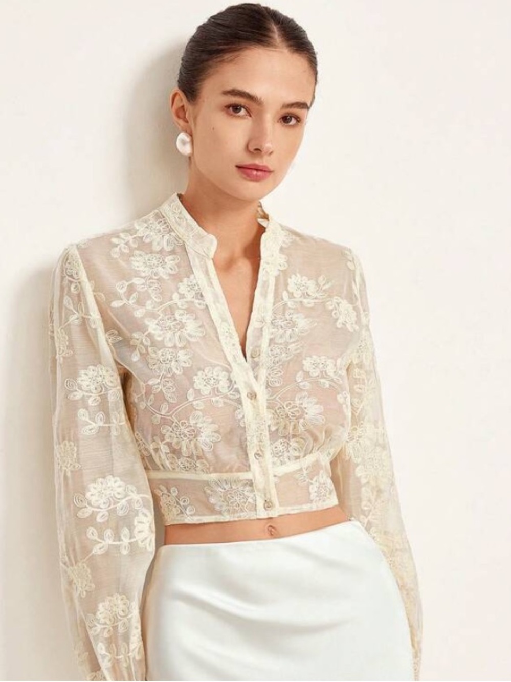 Aveloria Sheer Floral Embroidery Crop Button-Up Blouse Long Sleeve - Size M New